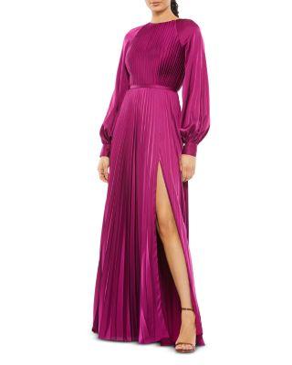 Pleated High Neck Raglan Long Sleeve Side Slit Gown by MAC DUGGAL