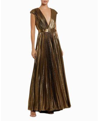 Pleated Metallic Jersey Gown With Belt by MAC DUGGAL