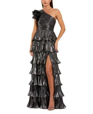 Pleated Metallic Ruffle Tiered One Shoulder Gown by MAC DUGGAL