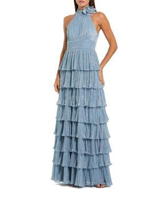 Pleated Metallic Tiered Gown with 3D Flower by MAC DUGGAL