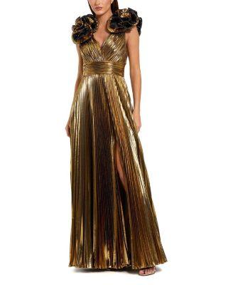 Pleated Metallic V Neck Gown With Ruffle Detail by MAC DUGGAL