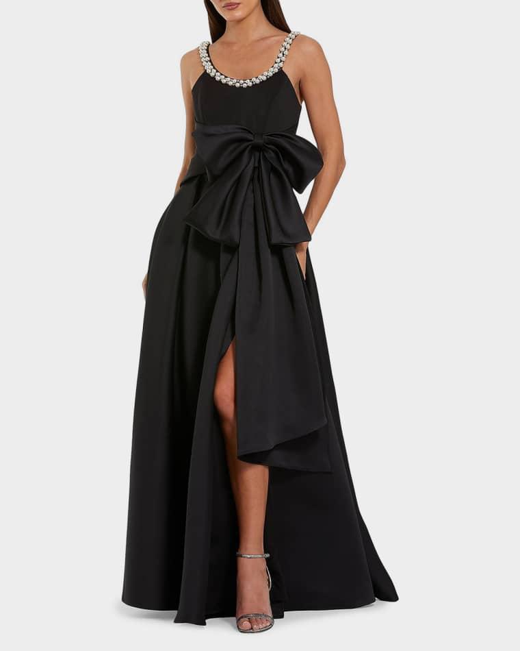 Pleated Pearly-Trim Bow Satin Gown by MAC DUGGAL