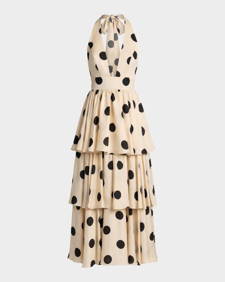 Plunging Tiered Polka Dot Maxi Dress by MAC DUGGAL
