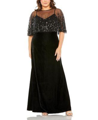 Plus Embellished Cape Sleeveless Velvet  Gown by MAC DUGGAL