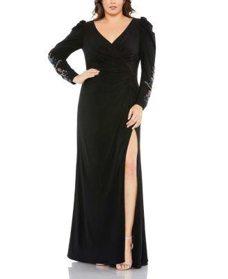 Plus Embellished Long Sleeve Faux Wrap  Gown by MAC DUGGAL
