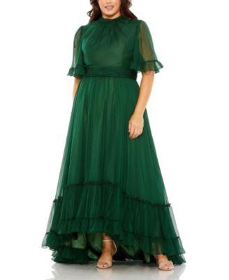 Plus High Neck Flutter Sleeve Ruffle Tiered High Low  Gown by MAC DUGGAL