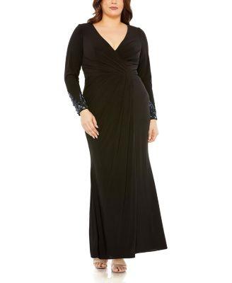 Plus Long Crystal Detail Sleeve V Neck Gown by MAC DUGGAL