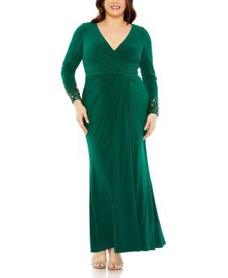 Plus Long Crystal Detail Sleeve V Neck Gown by MAC DUGGAL
