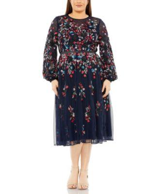 Plus Long Sleeve Beaded Cocktail Dress by MAC DUGGAL