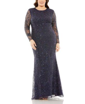 Plus Long Sleeve Mesh Embellished Gown by MAC DUGGAL