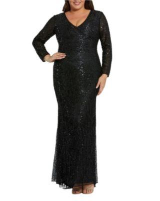 Plus Long Sleeve V Beck Beaded Fringe Gown by MAC DUGGAL
