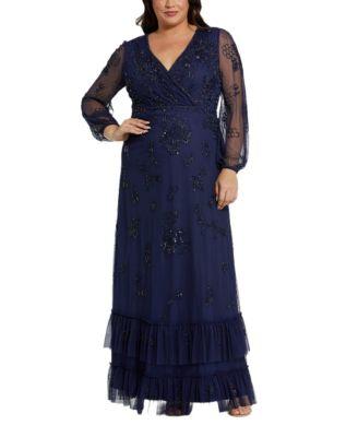 Plus Puff Sleeve V-Neck Tiered Embellished Gown by MAC DUGGAL