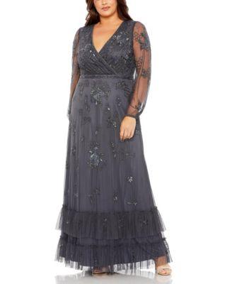 Plus Puff Sleeve V-Neck Tiered Embellished Gown by MAC DUGGAL