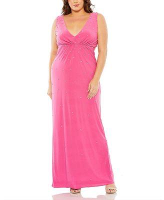 Plus Size Rhinestone Embellished Open Back Jersey Gown by MAC DUGGAL