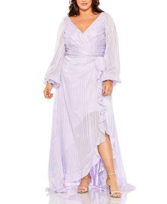 Plus Striped Faux Wrap Bishop Sleeve  Gown by MAC DUGGAL