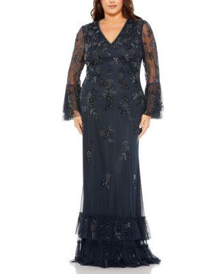 Plus V Neck Embellished Flutter Tiered Long Sleeve  Gown by MAC DUGGAL