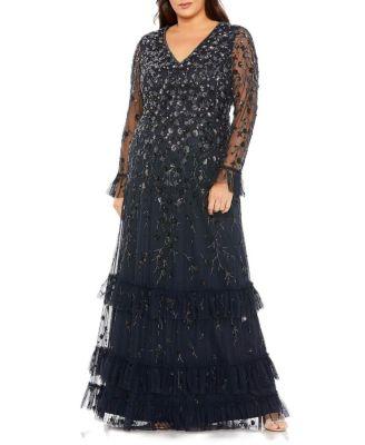 Plus V- Neck Embellished Long Flutter Sleeve Gown by MAC DUGGAL