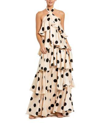 Polka Dot Charmeuse Halter Tiered Ruffle Gown by MAC DUGGAL