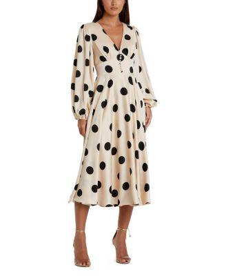 Polka Dot Charmeuse Long Sleeve V Neck Midi Dress by MAC DUGGAL