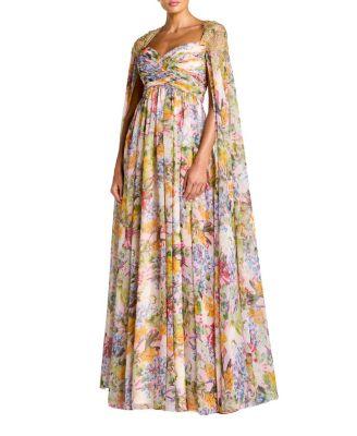 Printed Chiffon Gown With Beaded Cape Sleeves by MAC DUGGAL