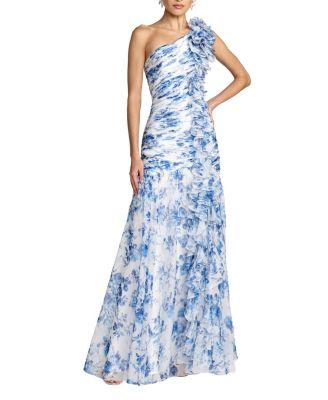 Printed Chiffon One Shoulder Ruched Ruffle Gown by MAC DUGGAL