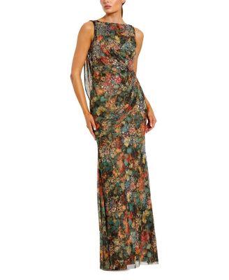 Printed Mesh Cowl Back Column Gown by MAC DUGGAL
