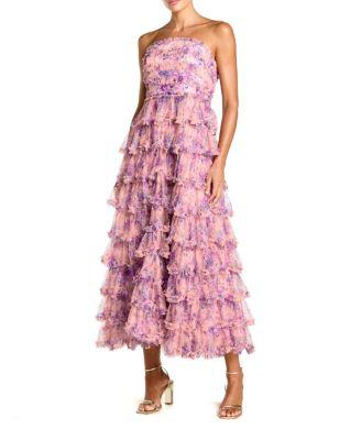Printed Mesh Strapless Ruffle A Line Midi Dress by MAC DUGGAL