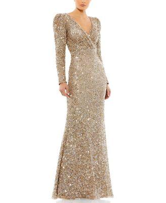 Puff Shoulder Sequined Surplice Gown by MAC DUGGAL