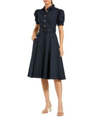 Puff Sleeve Twill Button Up Midi Dress with Belt by MAC DUGGAL