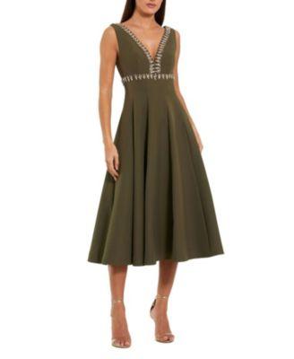 Rhinestone Embellished Crepe A Line Midi Dress by MAC DUGGAL
