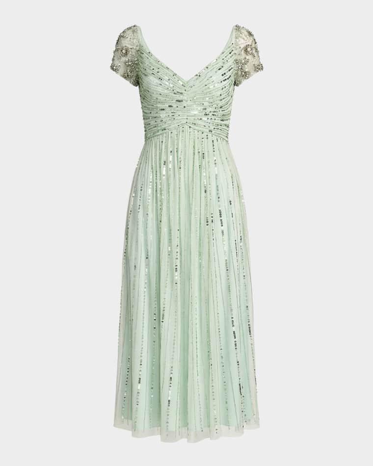 Ruched Bead and Sequin Mesh Midi Dress by MAC DUGGAL
