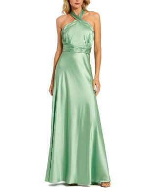 Ruched Halter Neck Tie Back Satin Gown by MAC DUGGAL