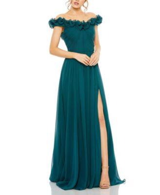 Ruched Off The Shoulder A Line Gown by MAC DUGGAL
