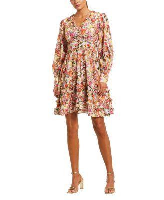 Ruffle Floral V Neck Cotton Mini Dress by MAC DUGGAL