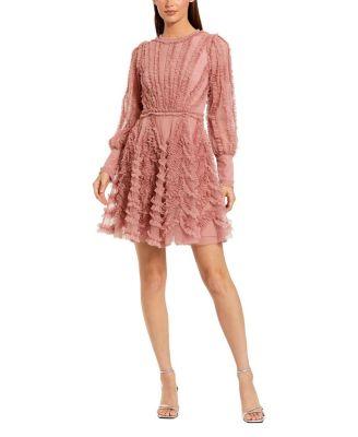 Ruffle Lace Up Back Long Sleeve Mini Dress by MAC DUGGAL