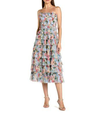 Ruffle Mesh Strapless Midi Dress by MAC DUGGAL