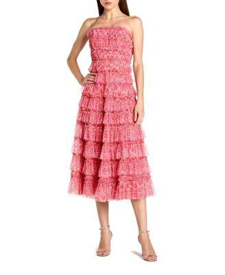 Ruffle Mesh Strapless Midi Dress by MAC DUGGAL