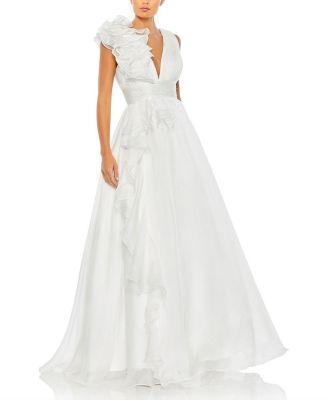 Ruffle Shoulder V-Neck Chiffon Gown by MAC DUGGAL