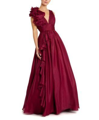 Ruffle Shoulder V-Neck Chiffon Gown by MAC DUGGAL
