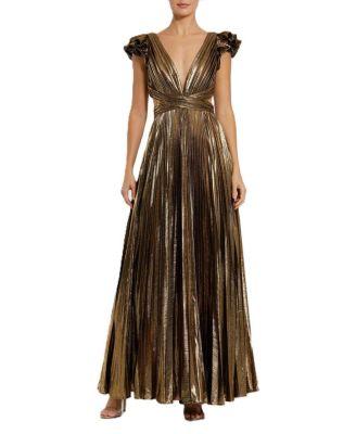 Ruffle Sleeve Cutout Pleated Metallic Gown by MAC DUGGAL