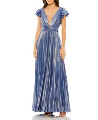 Ruffle Sleeve Cutout Pleated Metallic Gown by MAC DUGGAL