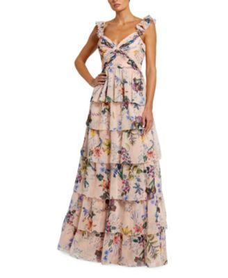 Ruffle Sleeveless Chiffon Tiered Floral Print Gown by MAC DUGGAL