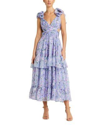 Ruffle Tiered Cut-Out Floral Chiffon Dress by MAC DUGGAL
