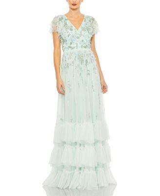 Ruffle Tiered Embellished Faux Wrap Flutter Sleeve by MAC DUGGAL
