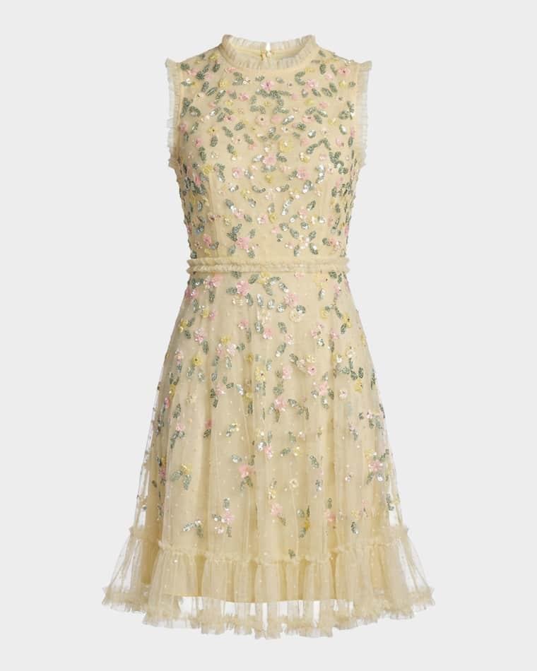 Ruffle-Trim Floral Sequin Mesh Dress by MAC DUGGAL