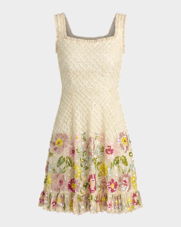Ruffle-Trim Floral Sequin Mesh Mini Dress by MAC DUGGAL