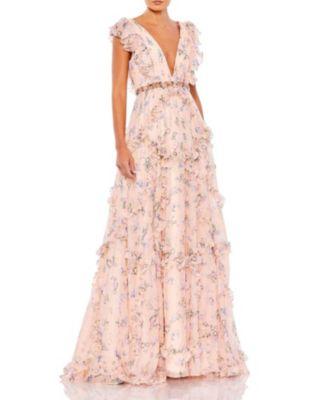 Ruffled Floral Print Cap Sleeve Gown by MAC DUGGAL