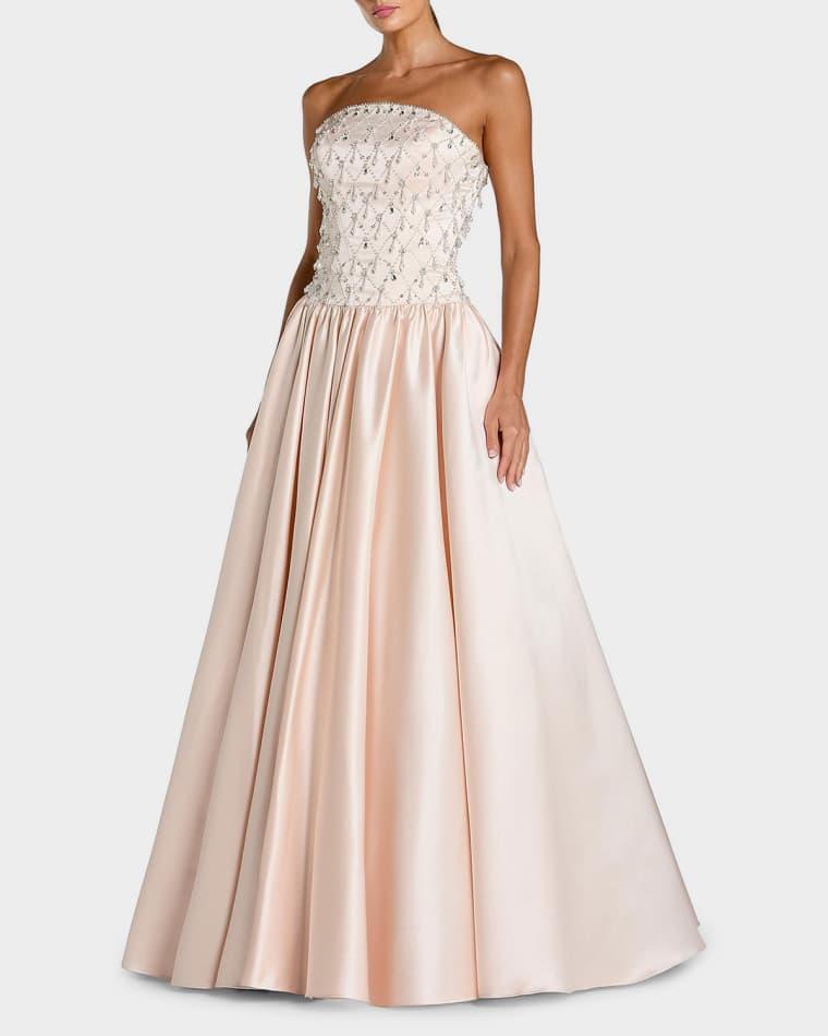 Satin Beaded Drop-Waist Strapless Ballgown by MAC DUGGAL