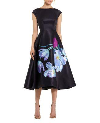 Satin Cap Sleeve Midi Dress With Floral Print by MAC DUGGAL