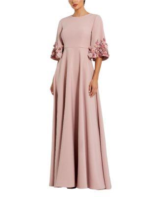Satin Elbow Sleeve Gown With Flower Trim by MAC DUGGAL